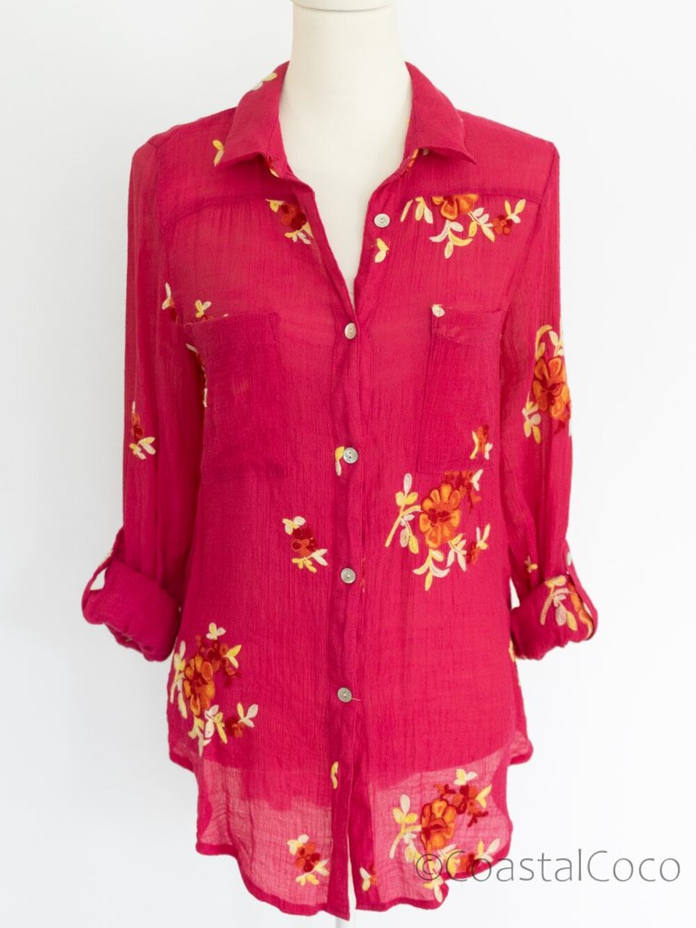 Fig & Flower Long Sleeve L Floral Embroidered Button Down Blouse Pink Summer